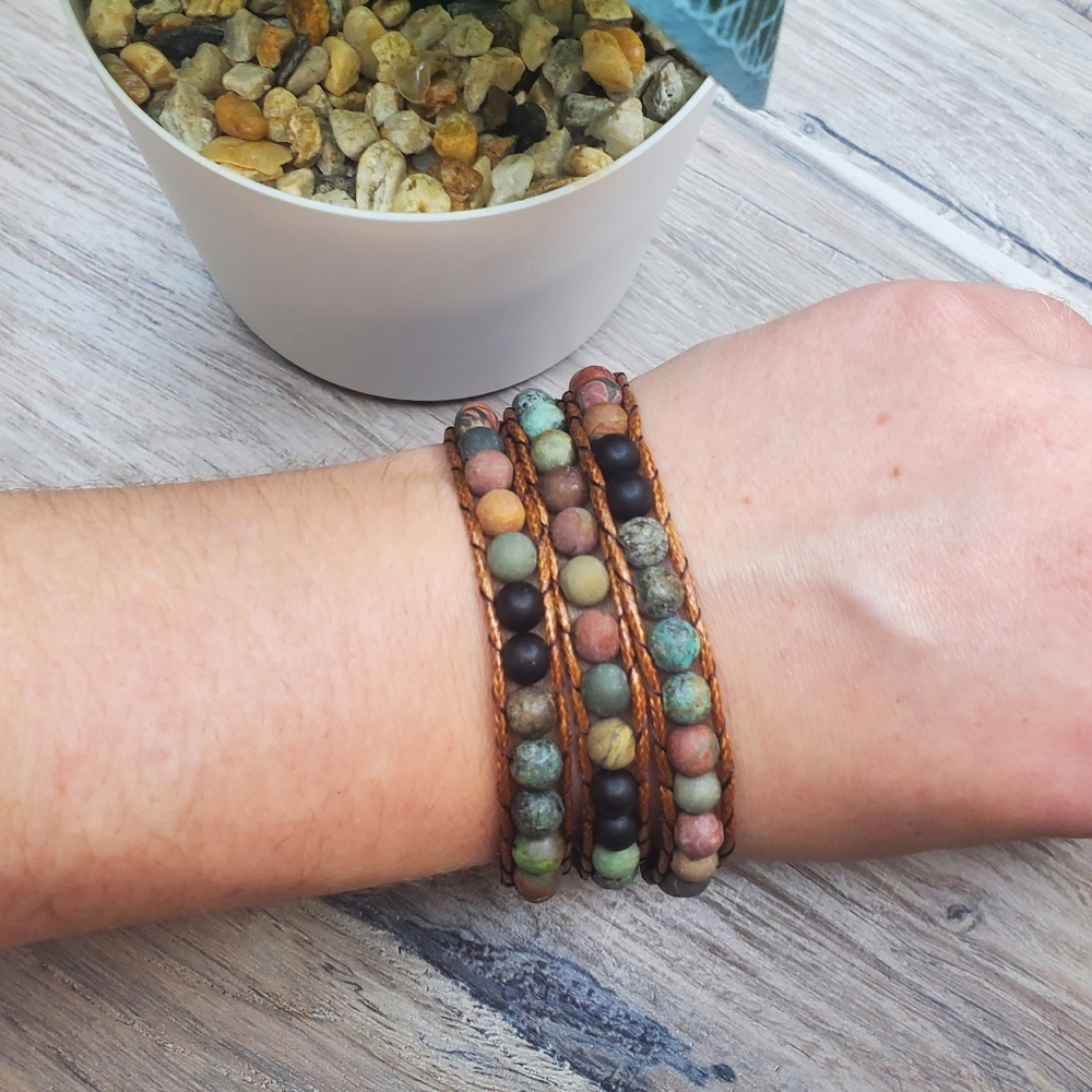 Bohemian wrap bracelet real stone leather multi layer woven skater Hippie good v - Picture 2 of 7